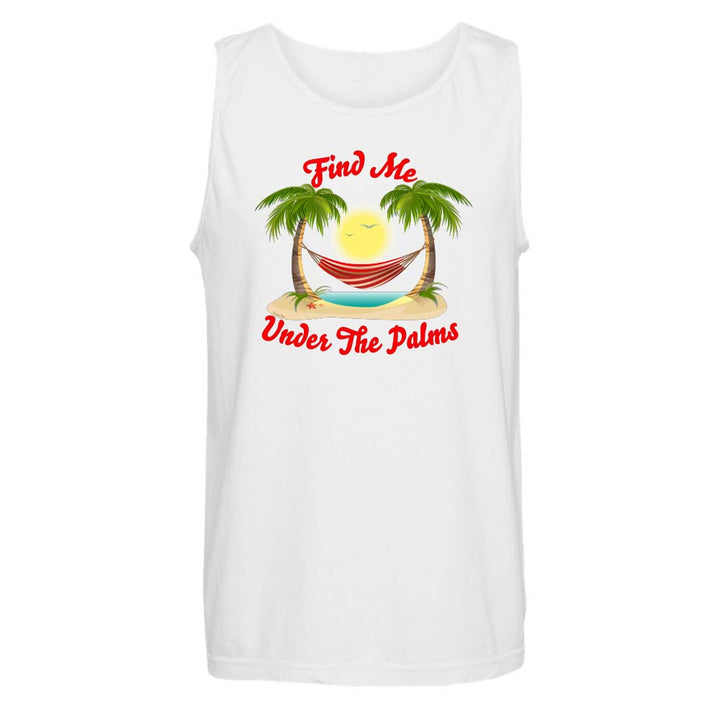 White tank top with tropical graphic and text.