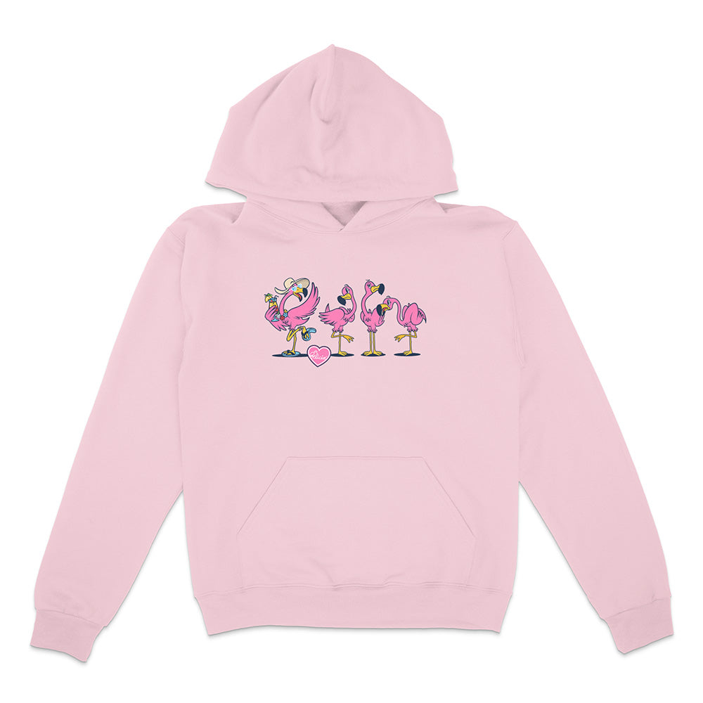 Pink hoodie with flamingo design on a white background