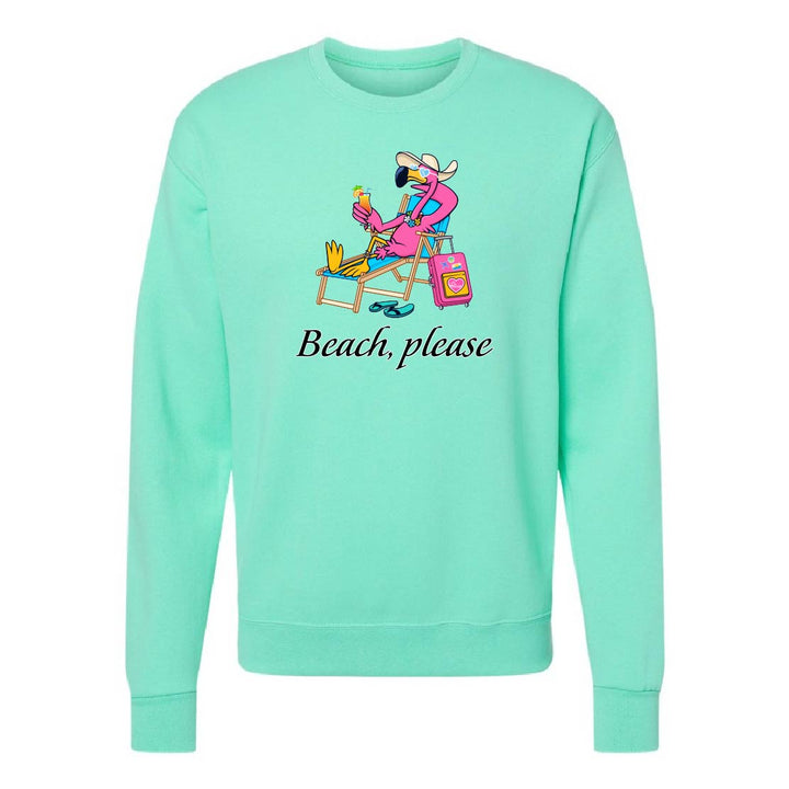 Mint green sweatshirt with a flamingo graphic and 'Beach, please' text on a white background