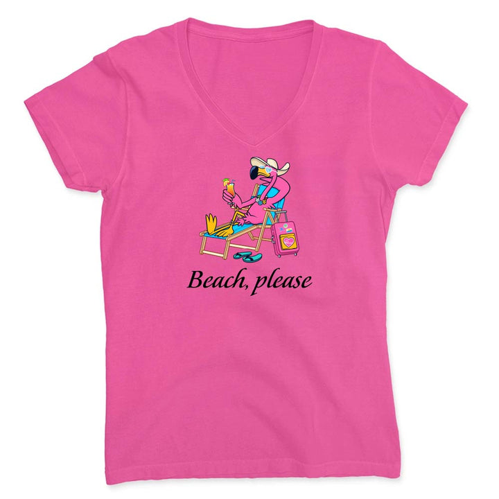 Hot Pink t-shirt with a graphic of a flamingo at the beach and 'Beach, please' text.