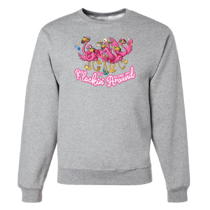Gray sweatshirt with colorful flamingo design and text on a white background