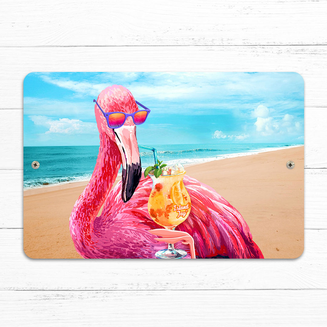 Flamingo With Drink 8" x 12" Beach Sign