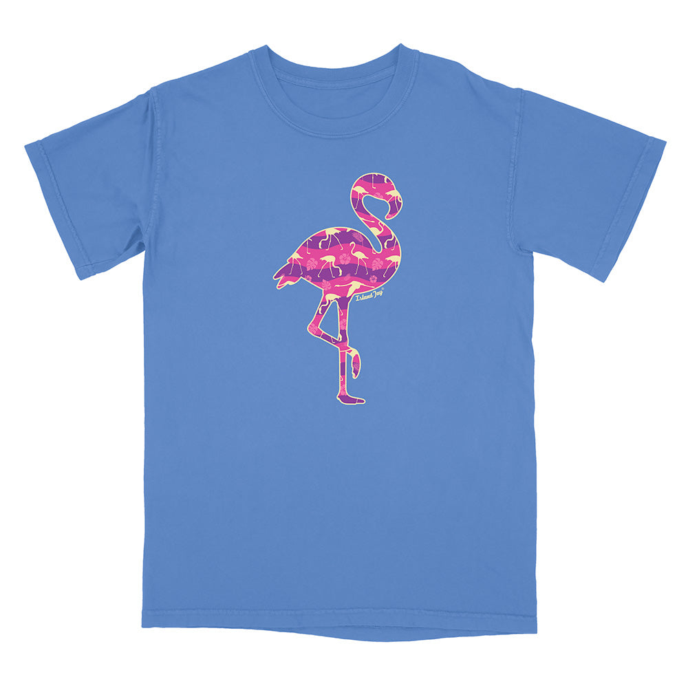 Flo Blue t-shirt with a pink flamingo design on a white background.