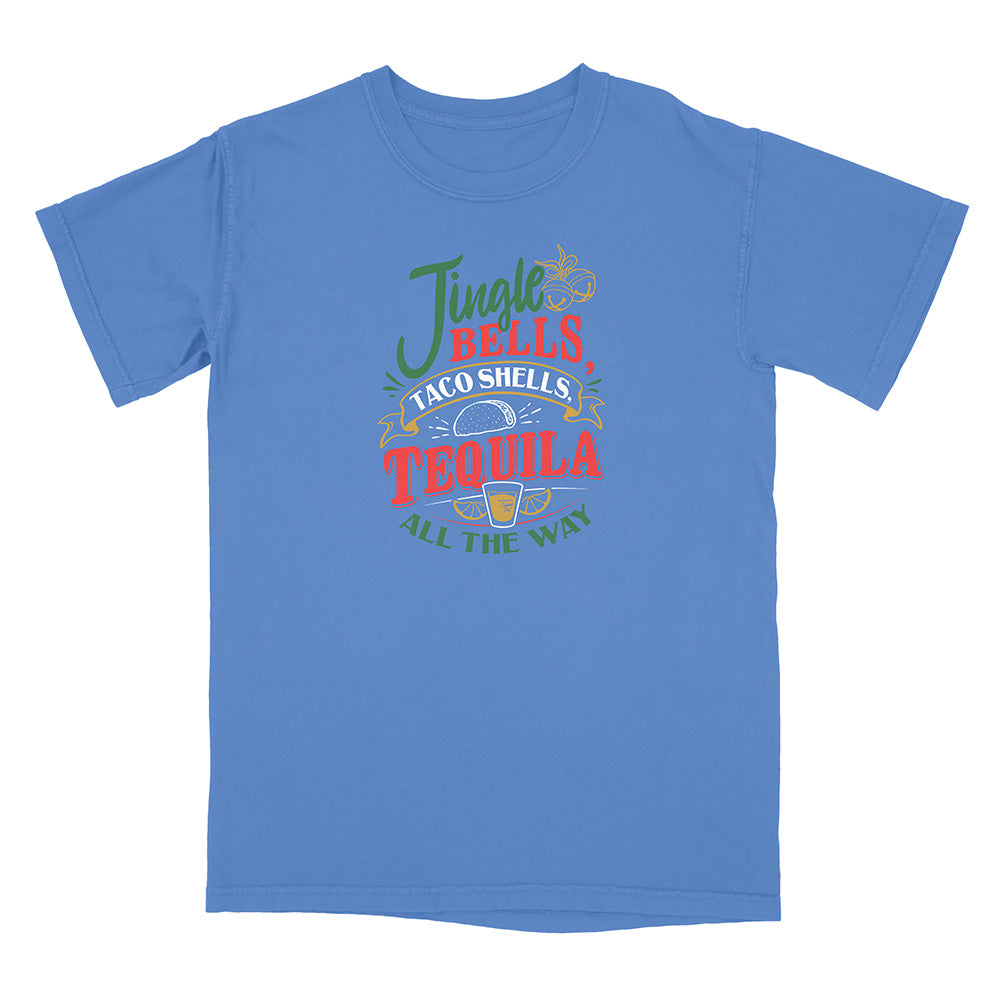 Blue t-shirt with colorful graphic and text reading "Jingle Bells Taco Shells Tequila All The Way".