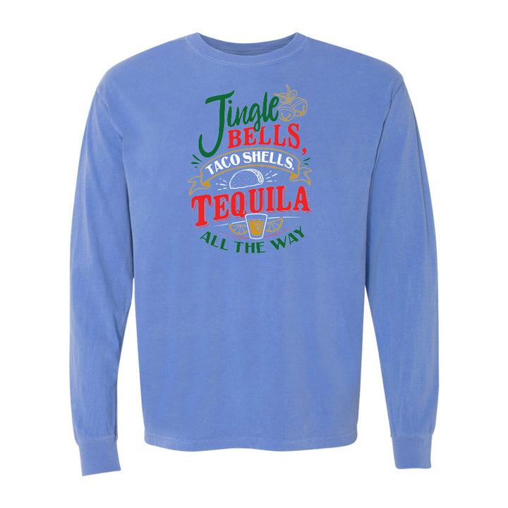 Blue long-sleeve shirt with festive text design on a white background