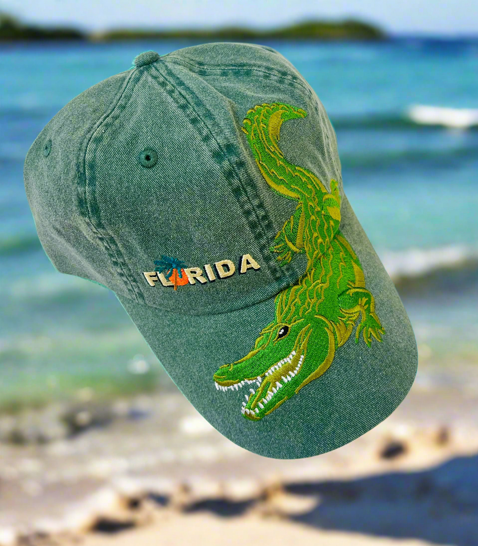 Green hat with a big alligator on it and the word "Florida"
