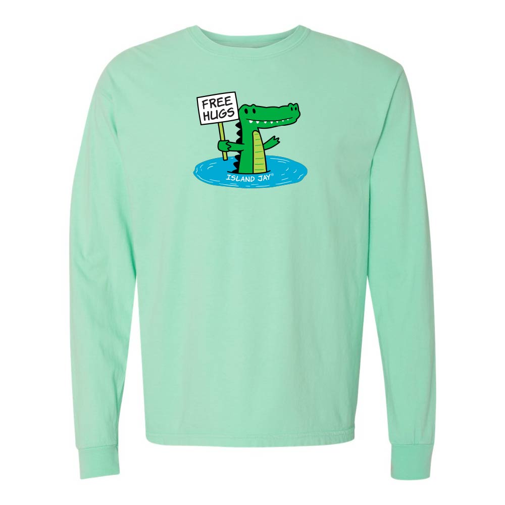 Mint green long-sleeve shirt with a cartoon alligator holding a 'Free Hugs' sign.