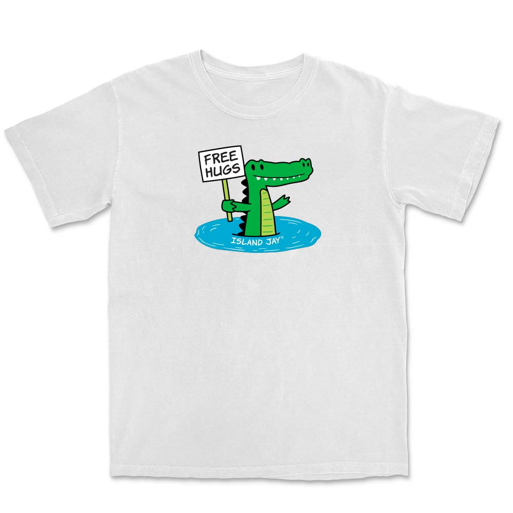 White T-shirt with alligator graphic and text reading "free hugs".
