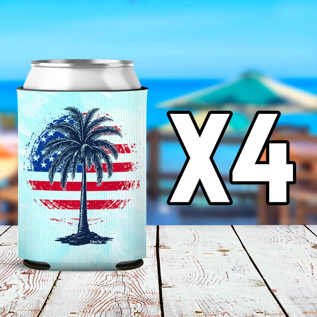 Freedom Shores Can Coolers. Showing  a palm tree and American Flag on a high quality neoprene can cooler.  4 pack