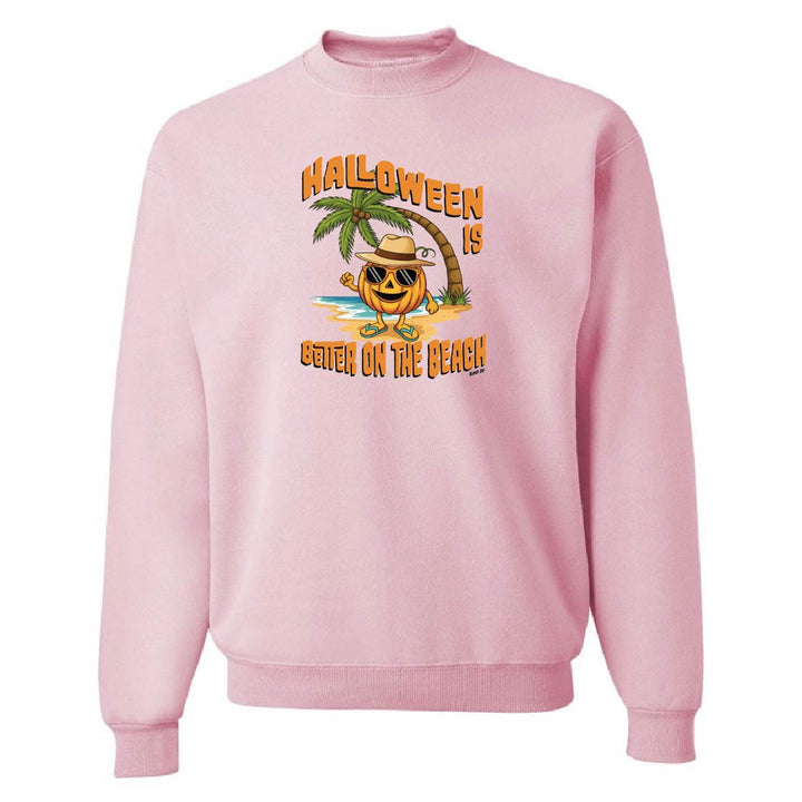 Pink sweatshirt with Halloween design featuring a palm tree and pumpkin on a white background