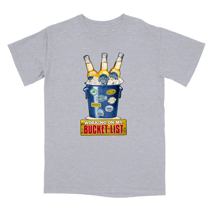Grey t-shirt with a graphic of a bucket of beer and 'Working on my Bucket List' text.