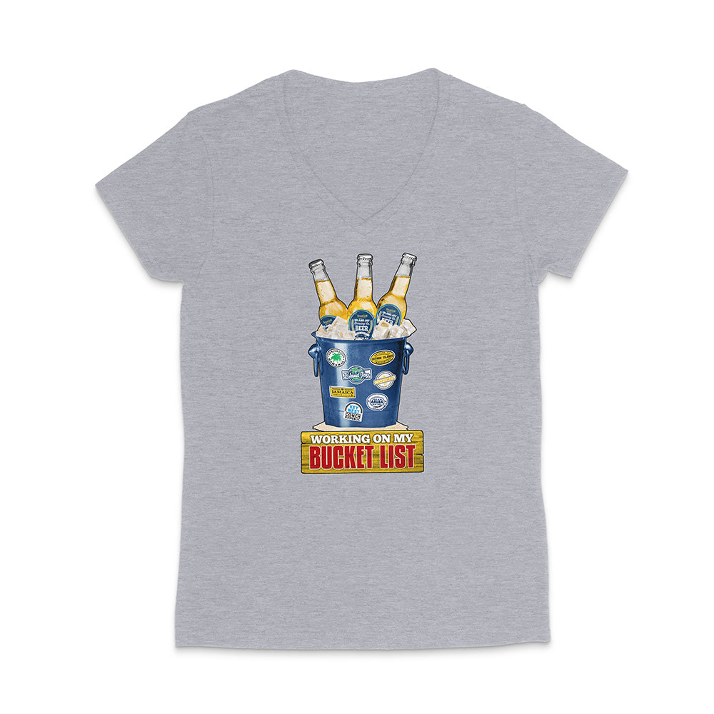 Grey t-shirt with a graphic of a beer bucket with graphic text reading 'Working on my Bucket List' on a white background.