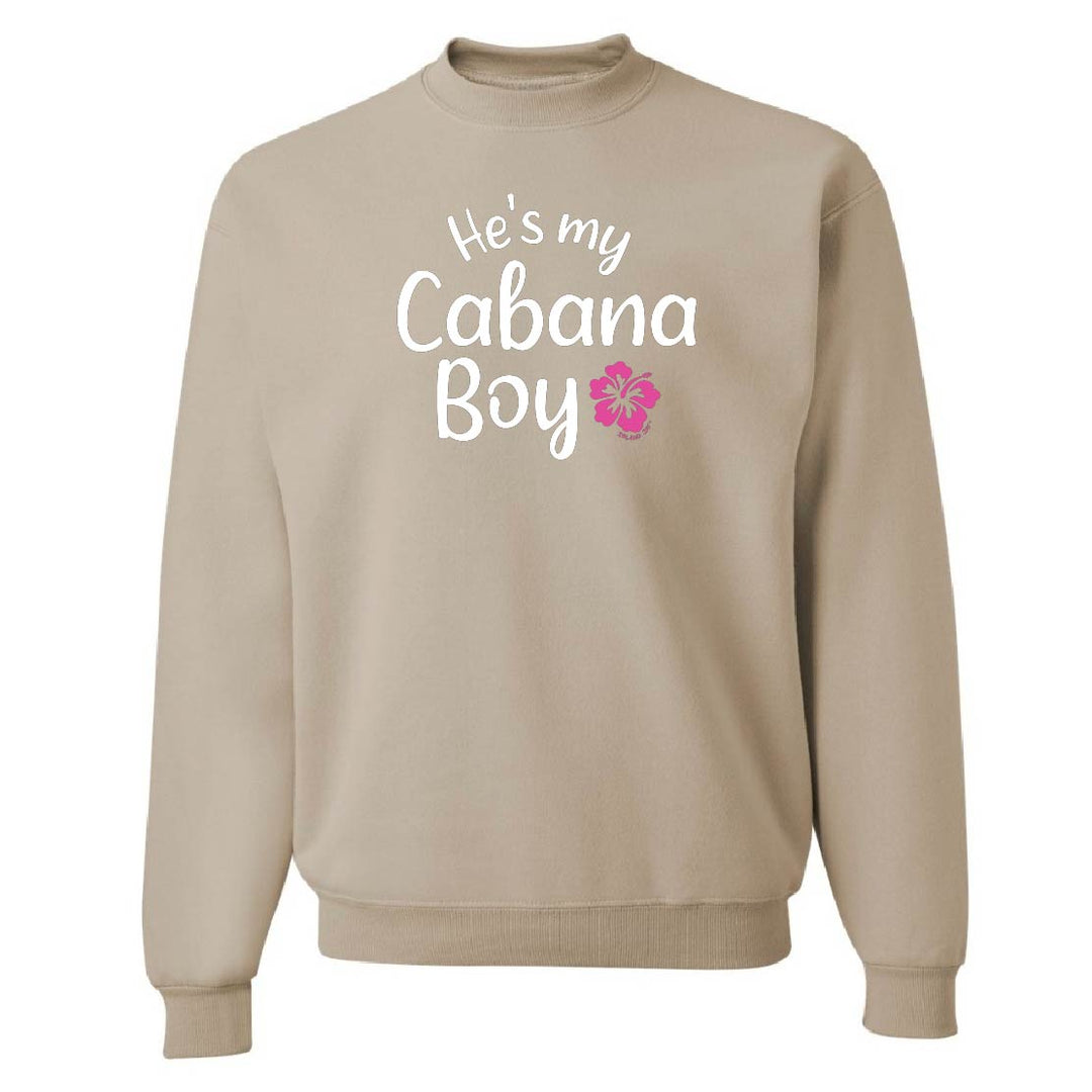 Beige sweatshirt with 'He's my Cabana Boy' text and pink flower on a white background