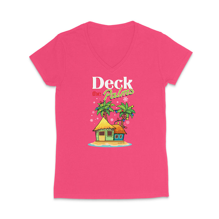 Hot Pink t-shirt with a tropical hut and palm trees graphic and 'Deck the Palms' text on a white background.