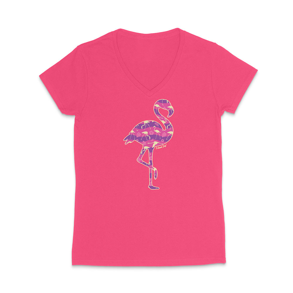 Hot Pink v-neck t-shirt with a colorful flamingo design on a white background