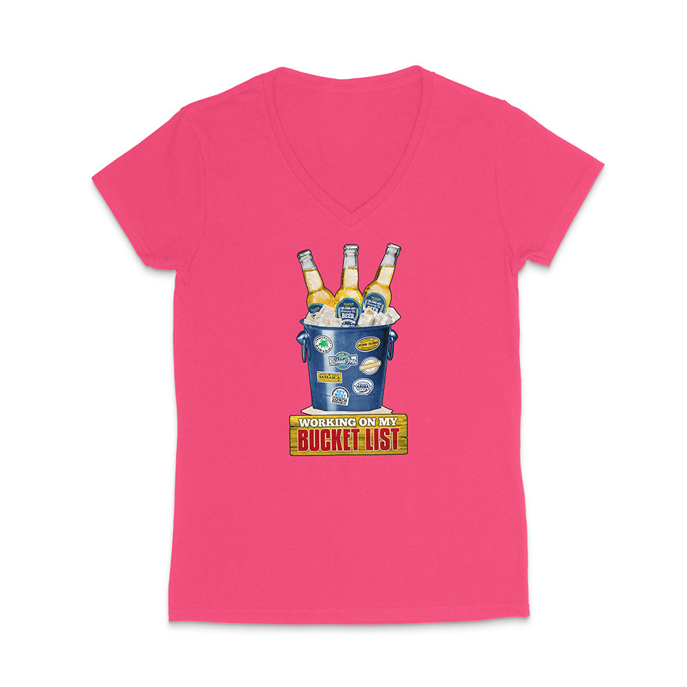 Hot pink t-shirt with a graphic of a beer bucket with graphic text reading 'Working on my Bucket List' on a white background.