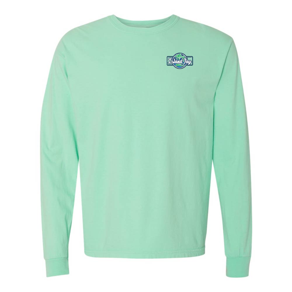 Mint green long-sleeve shirt with the Island Jay logo on the chest.