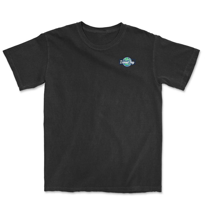 Black t-shirt with a logo on the chest against a white background