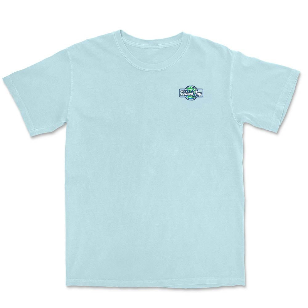 Light blue t-shirt with a small logo on the chest against a white background
