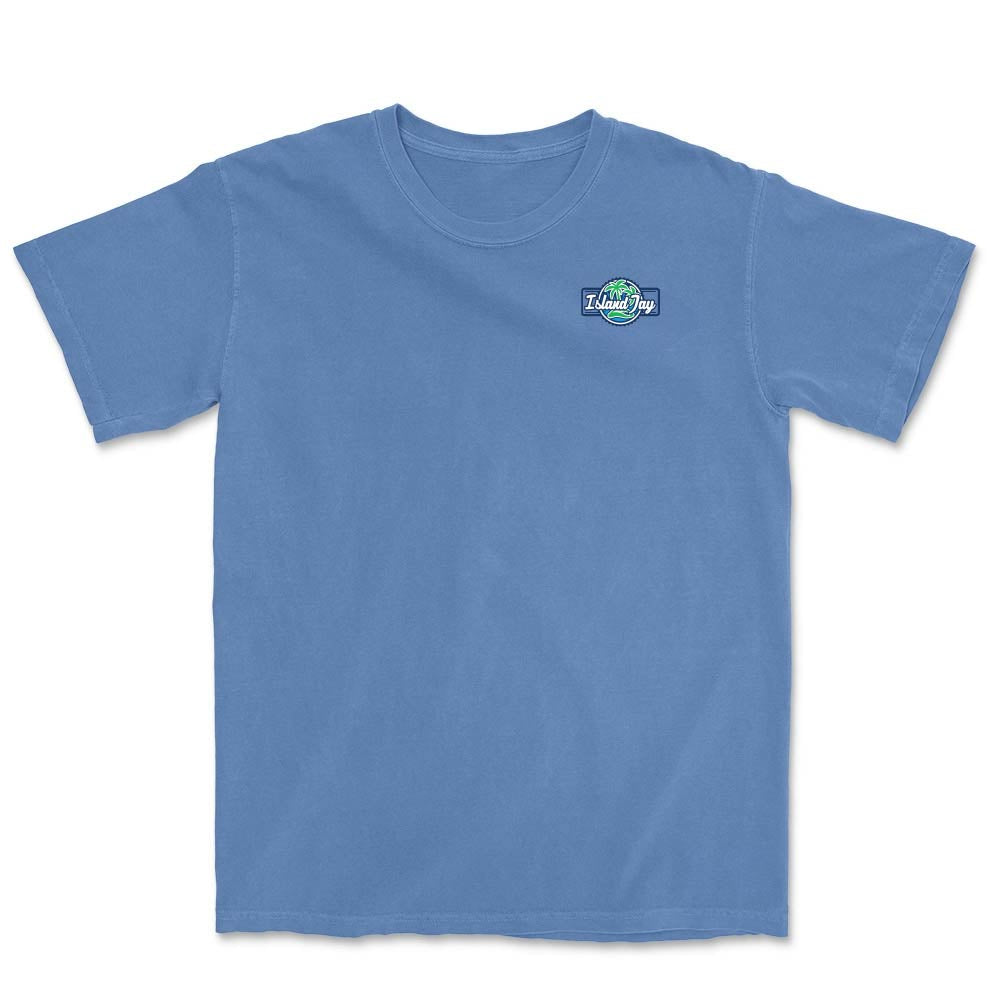 Blue t-shirt with a logo on the chest against a white background