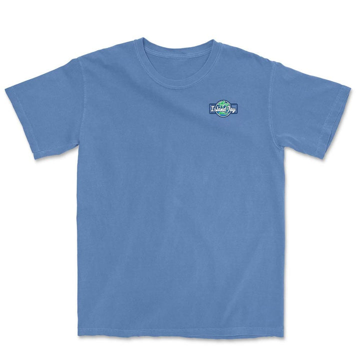 Blue t-shirt with a logo on the chest against a white background
