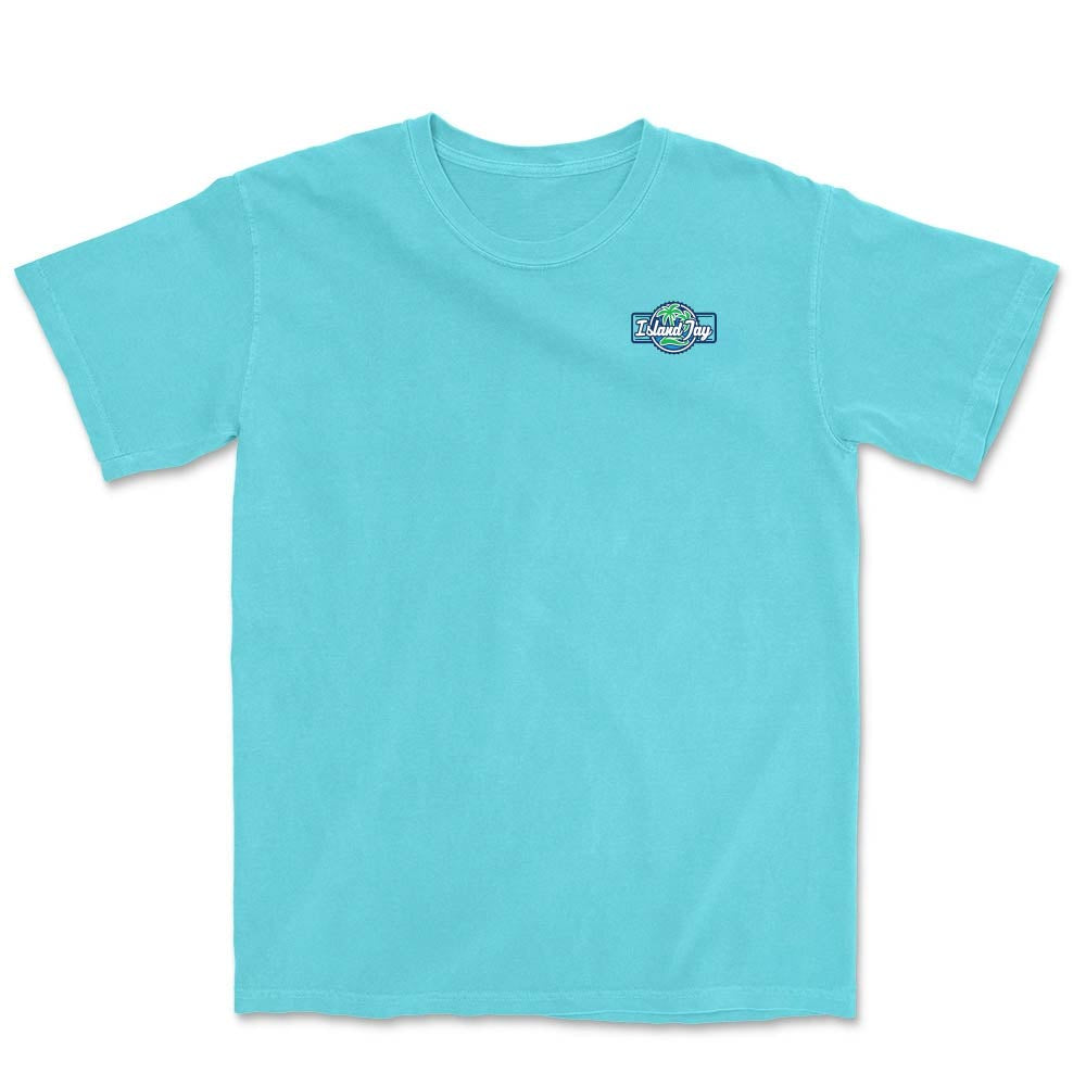 Light blue t-shirt with a logo on the chest against a white background