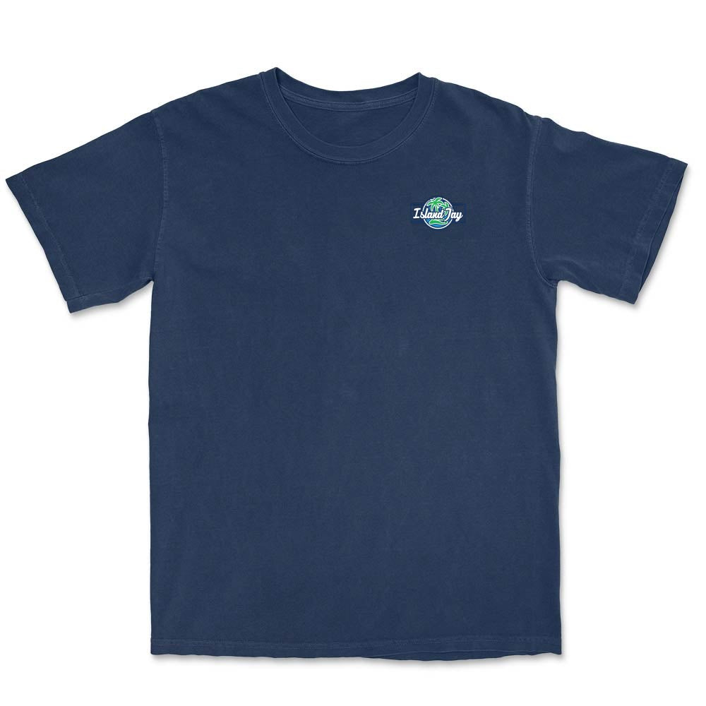 Navy blue t-shirt with a small logo on the chest against a white background