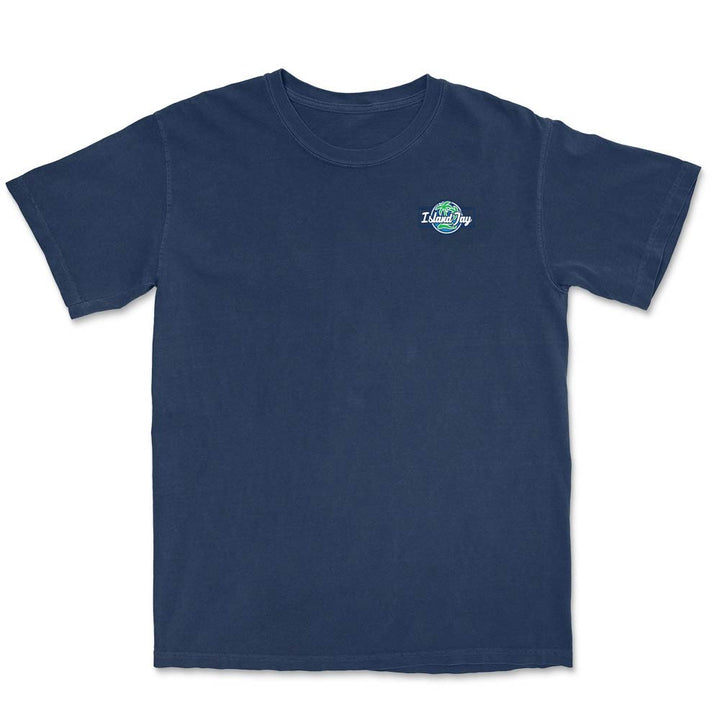 Navy blue t-shirt with a small logo on the chest against a white background