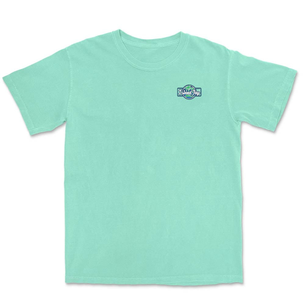 Mint green t-shirt with a small logo on a white background