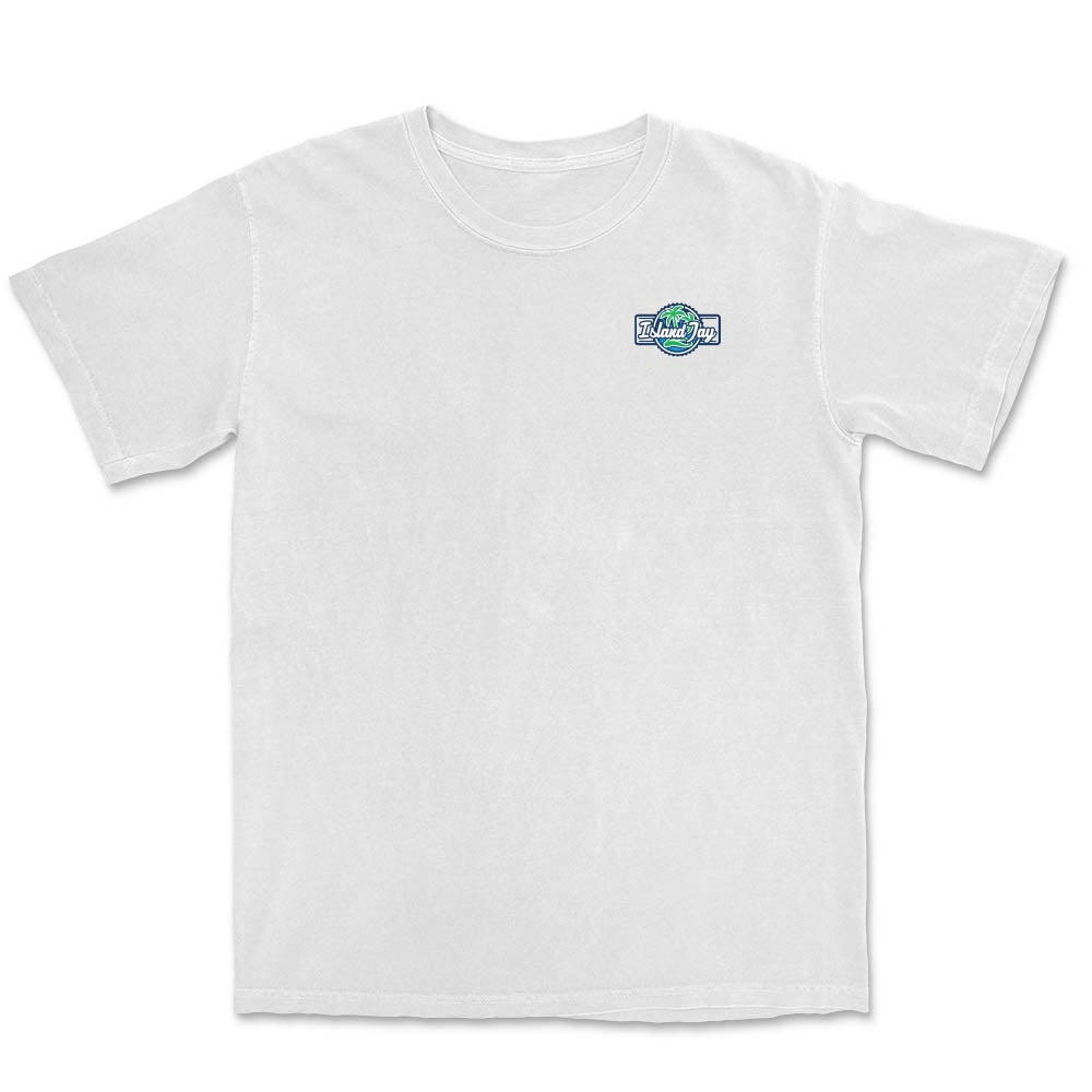 White t-shirt with a small logo on the chest.