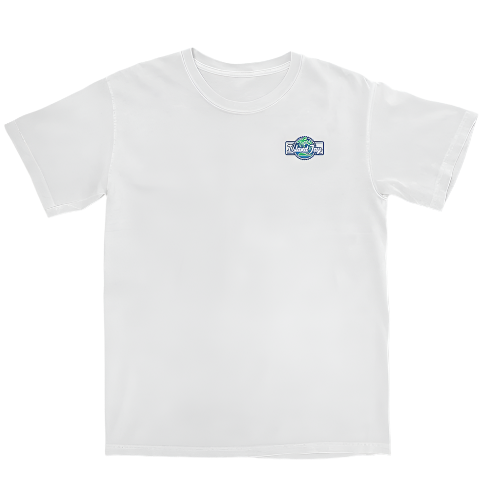 White t-shirt with a small Island Jay logo on the chest against a white background