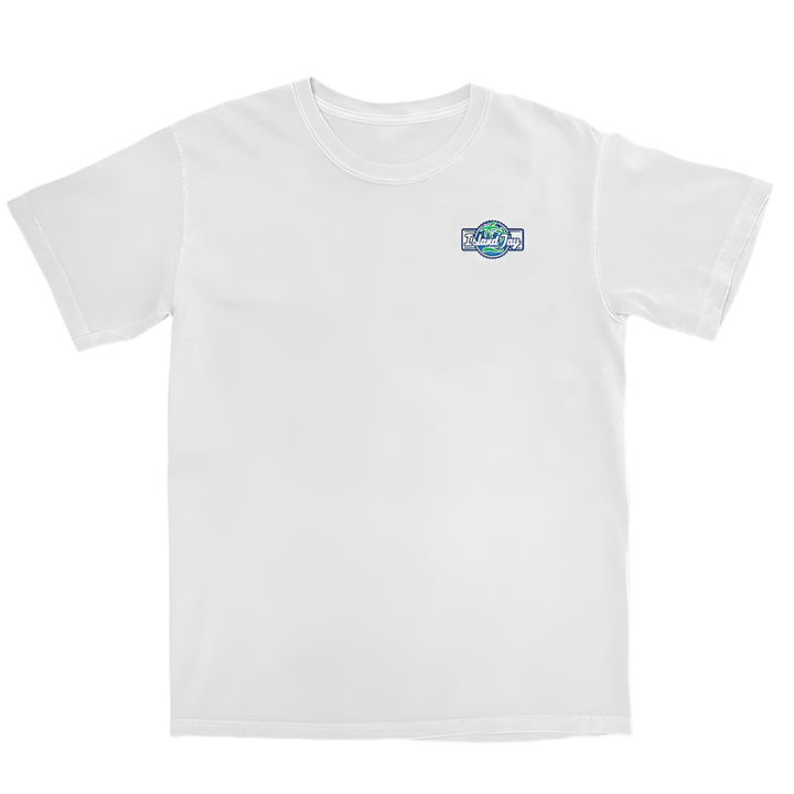 White t-shirt with a small Island Jay logo on the chest against a white background