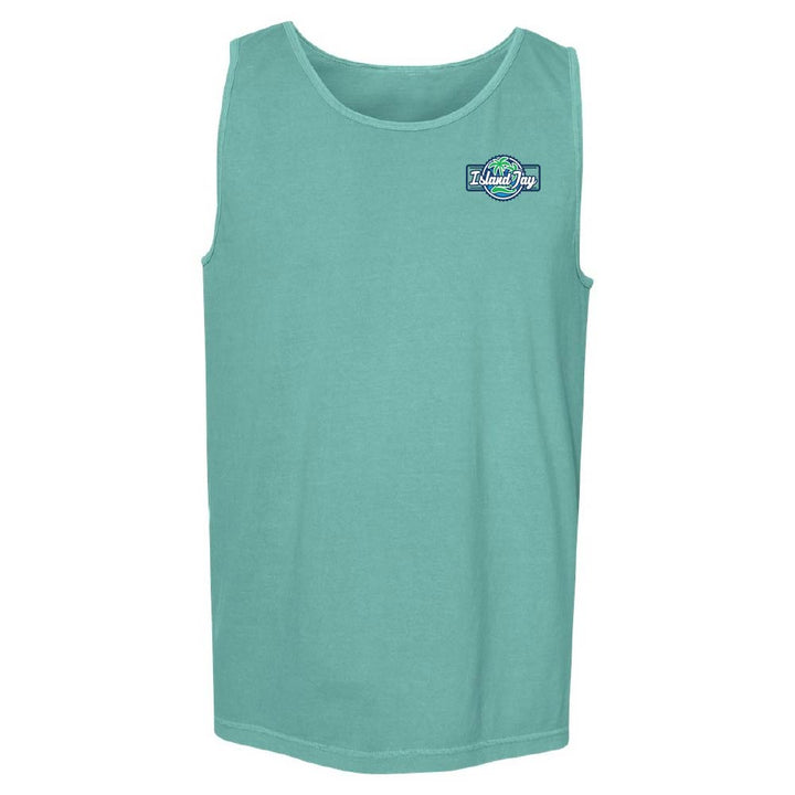 Teal tank top with the Island Jay logo on the chest.