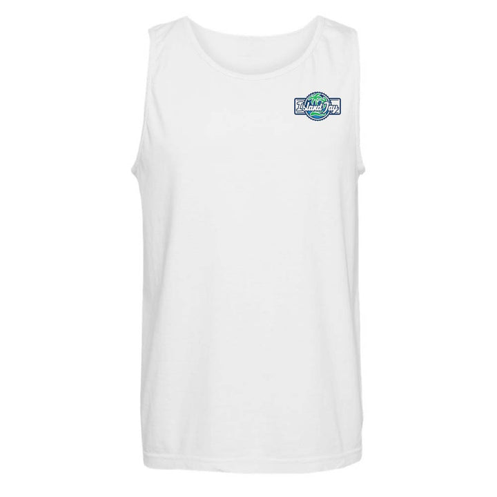 White tank top with the Island Jay logo on the chest.