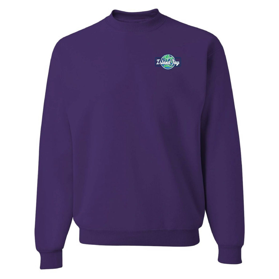 Purple sweatshirt with a logo on the chest against a white background