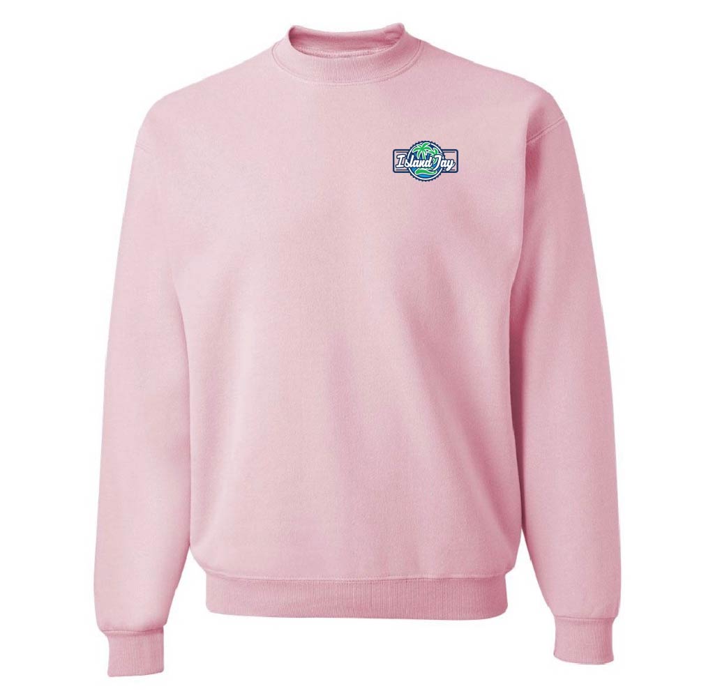 Pink sweatshirt with a logo on the chest against a white background