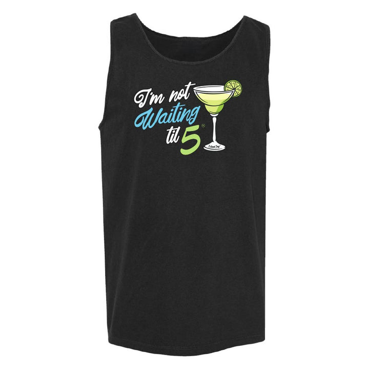 Black tank top with a cocktail graphic and text reading "I'm Not Waiting Til 5".