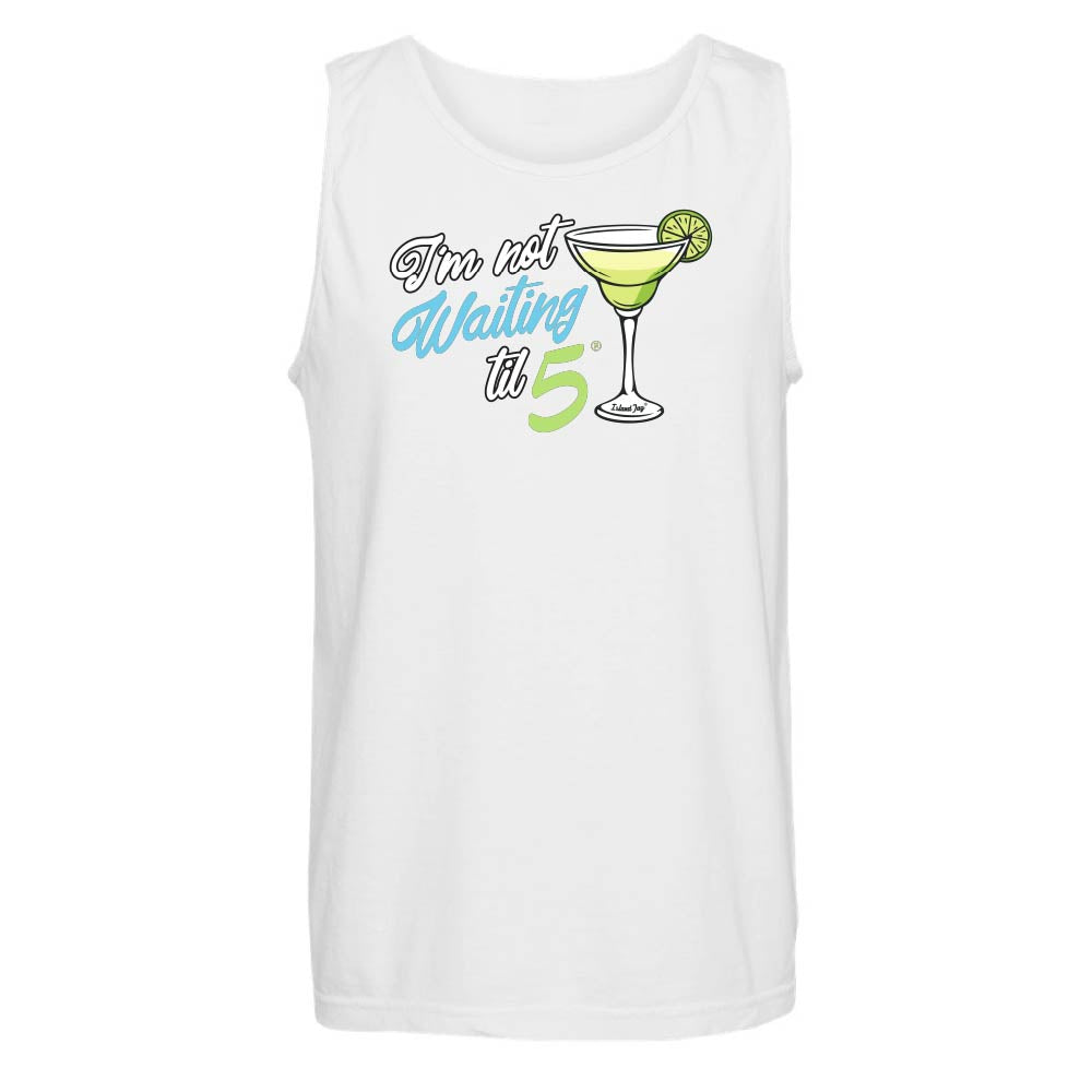 White tank top with a cocktail graphic and text reading "I'm Not Waiting Til 5".