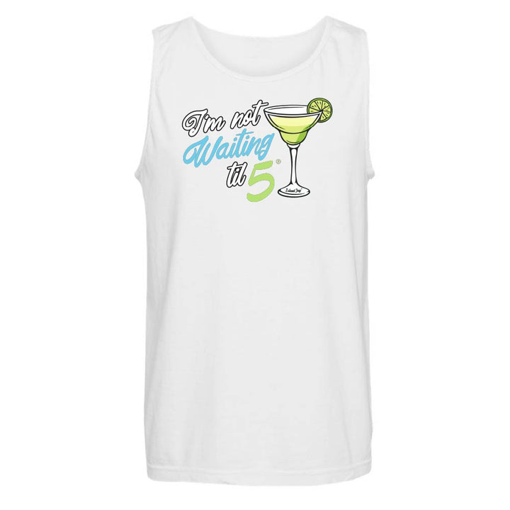White tank top with a cocktail graphic and text reading "I'm Not Waiting Til 5".