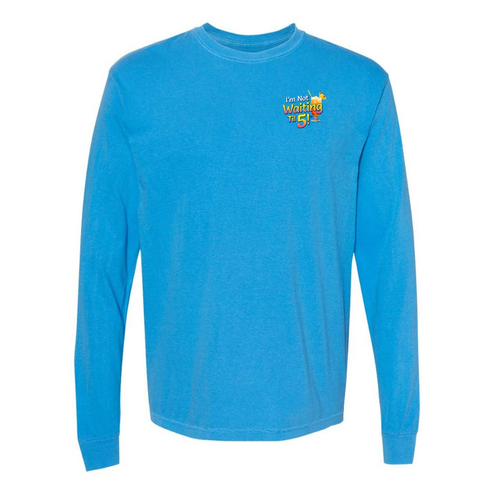 Blue long-sleeve shirt with a mai tai graphic and text reading "I'm Not Waiting Til 5" on the left chest.