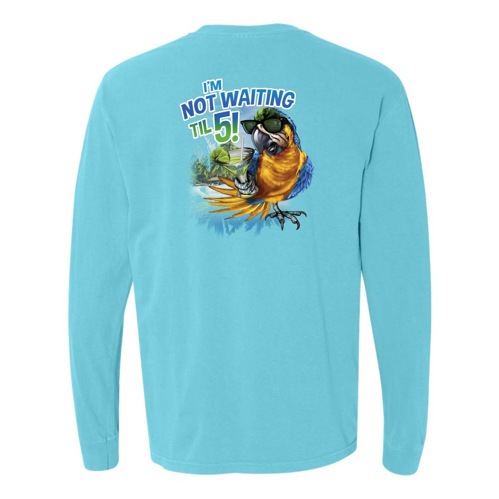 Blue long-sleeve shirt with a parrot and margarita graphic and text reading "I'm Not Waiting Til 5!".