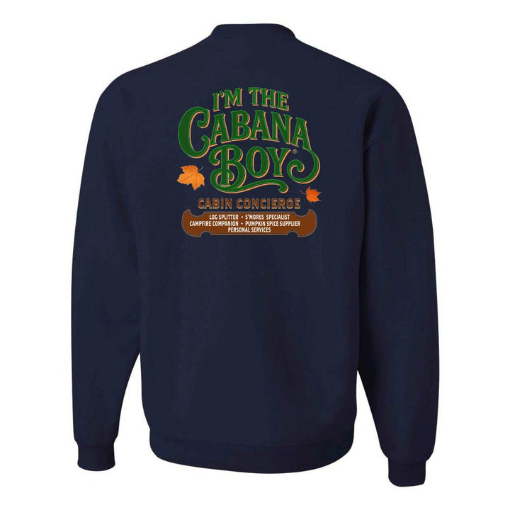 Navy blue sweatshirt with 'I'm the Cabana Boy' text on the back.