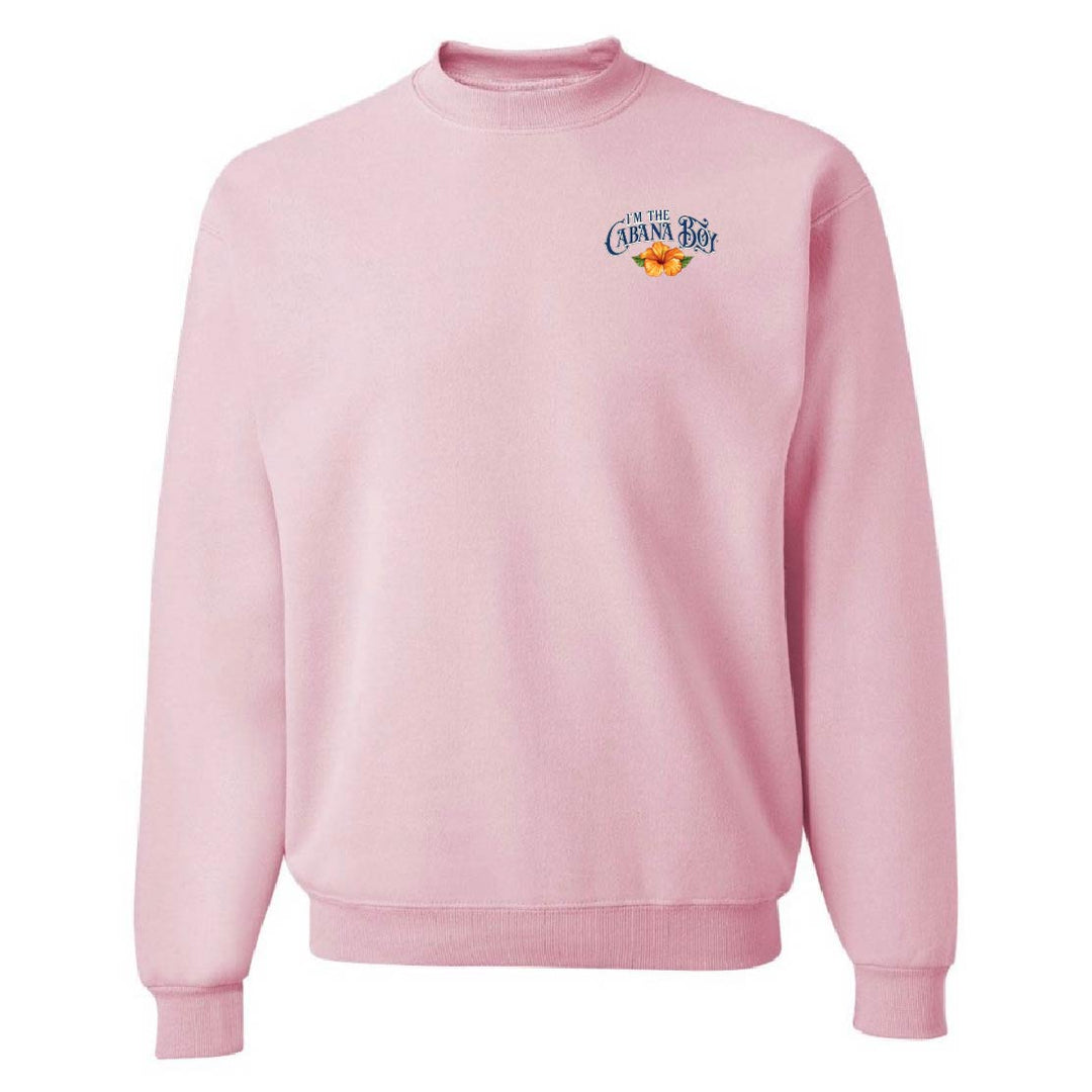 Pink sweatshirt with a logo on the chest against a white background