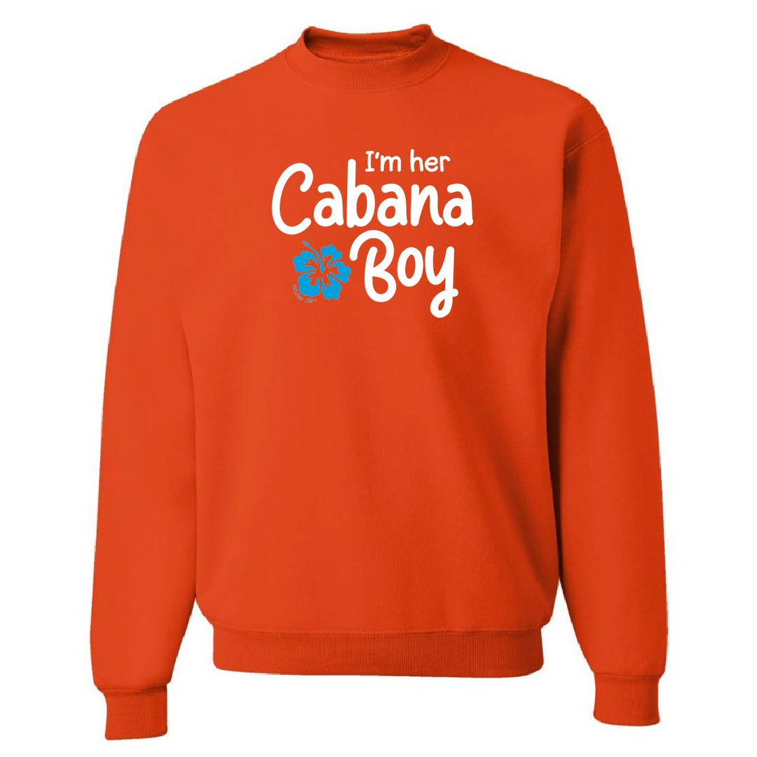 Orange sweatshirt with 'I'm her Cabana Boy' text and floral design on a white background