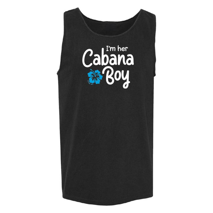 Black tank top with 'I'm her Cabana Boy' text and flower graphic.