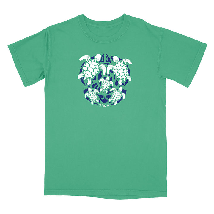 Green t-shirt with turtle design on a white background