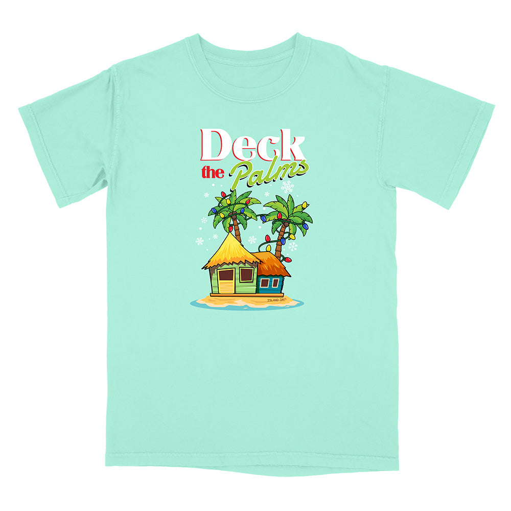 Mint green t-shirt with a tropical hut and palm tree design with graphic text reading "Deck The Palms" on a white background
