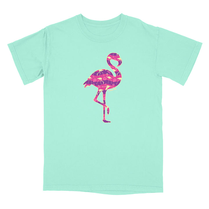 Mint green t-shirt with a pink flamingo design on a white background.