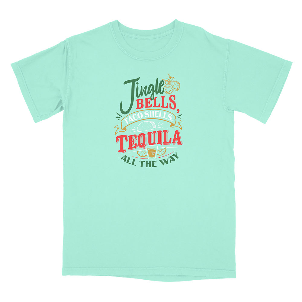 Mint green t-shirt with colorful graphic and text reading "Jingle Bells Taco Shells Tequila All The Way".