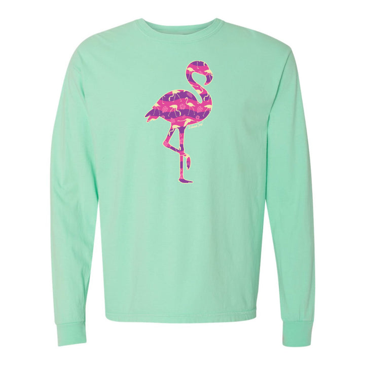 Mint Green long-sleeve shirt with a pink flamingo design on a white background